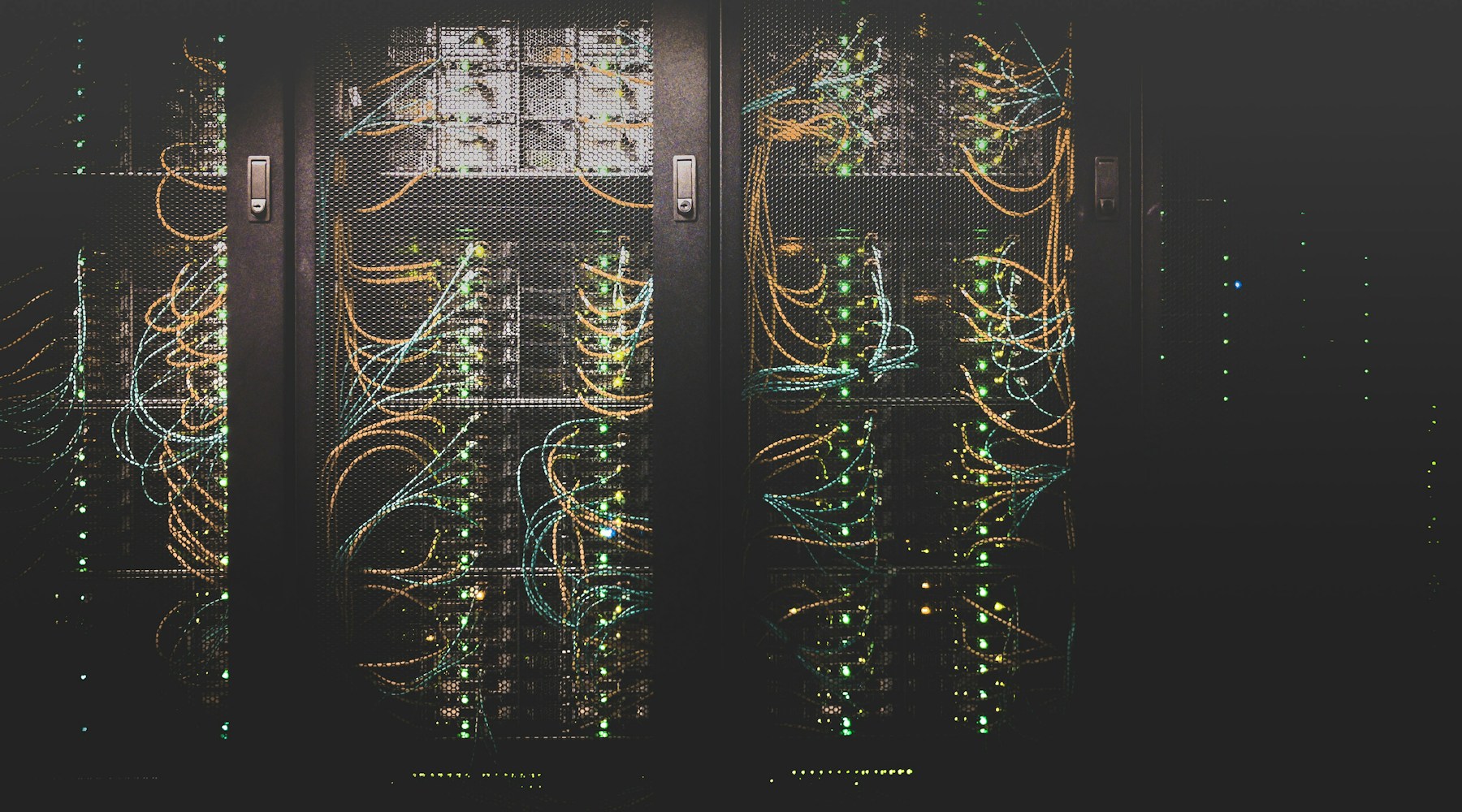 Cabos de rede organizados em um rack de datacenter.