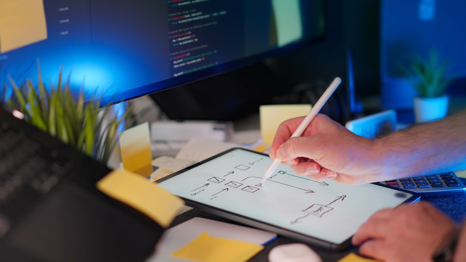 Pessoa desenhando um diagrama de arquitetura em um tablet, com telas e código ao fundo.